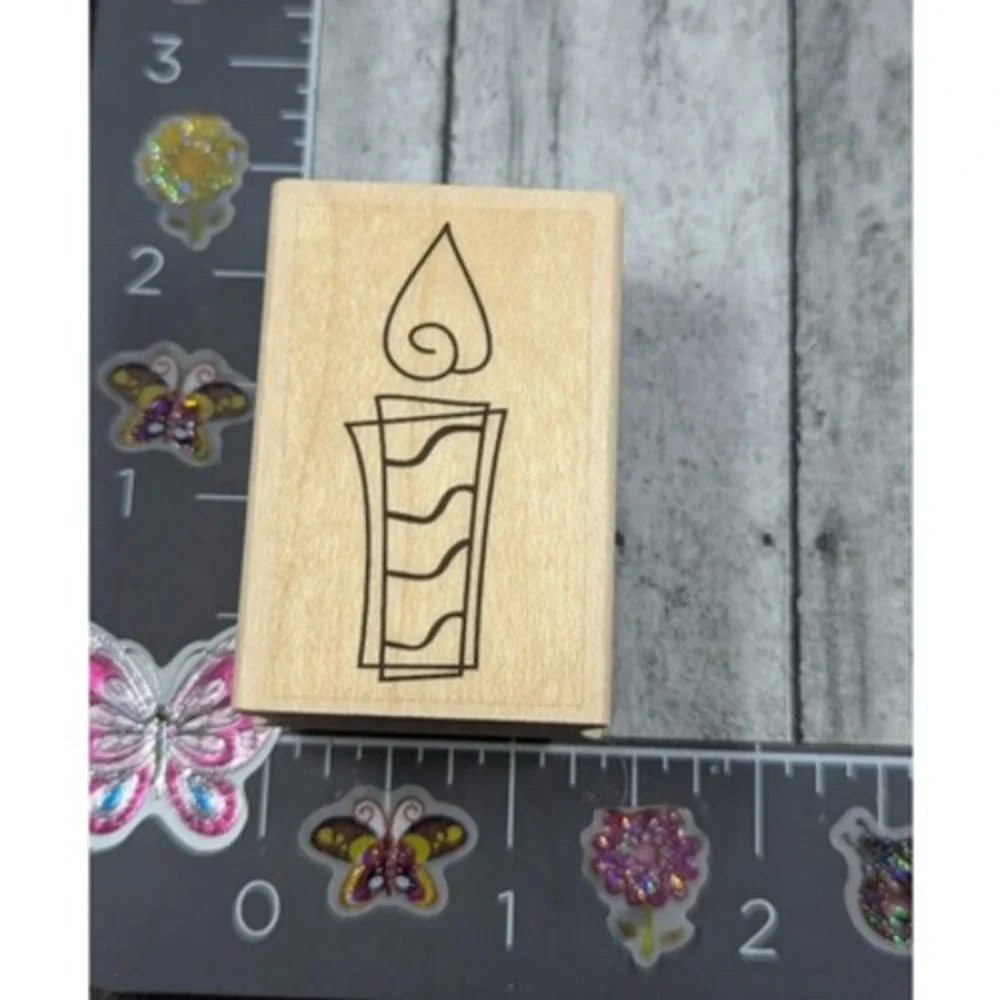 Striped Candle Lit Flame Rubber Stamp Wood #C41